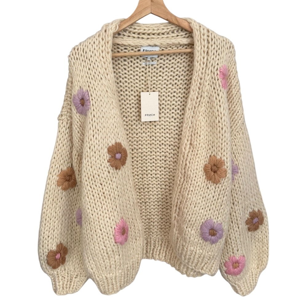FRNCH Paris Cottagecore Feminine Embroidered Chunky Knit Taya Cardigan Cream - Picture 2 of 7